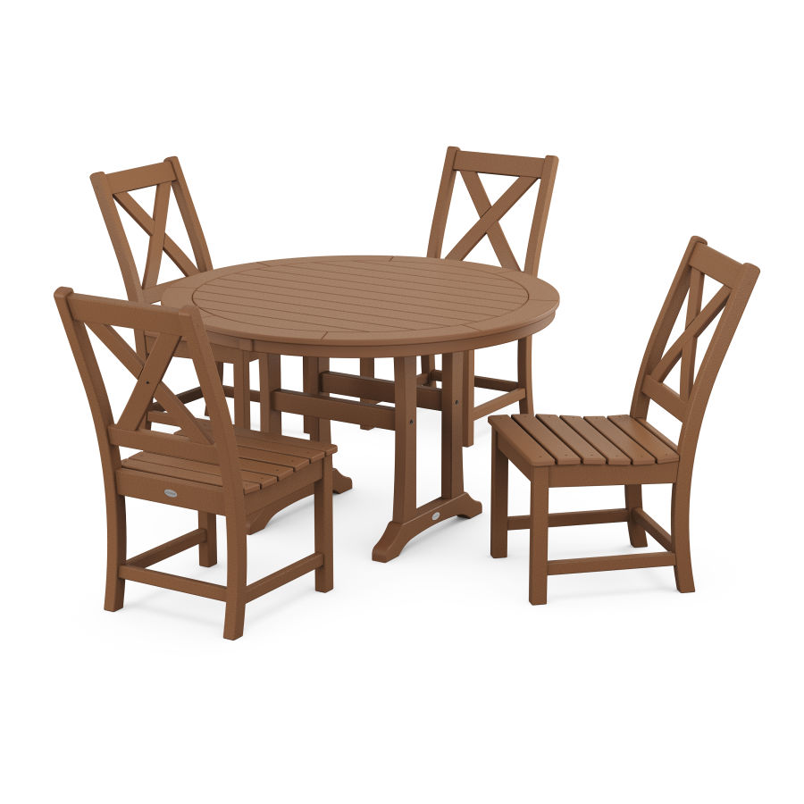 POLYWOOD Braxton Side Chair 5-Piece Round Dining Set With Trestle Legs in Teak