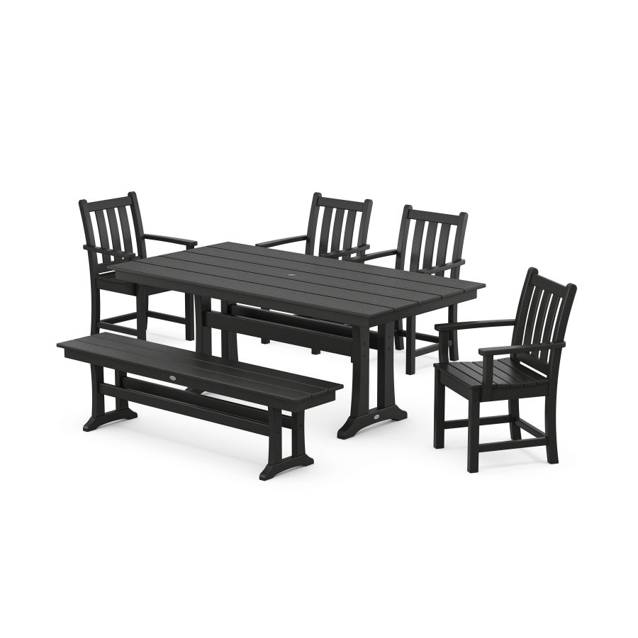 POLYWOOD Traditional Garden 6-Piece Farmhouse Trestle Dining Set with Bench in Black