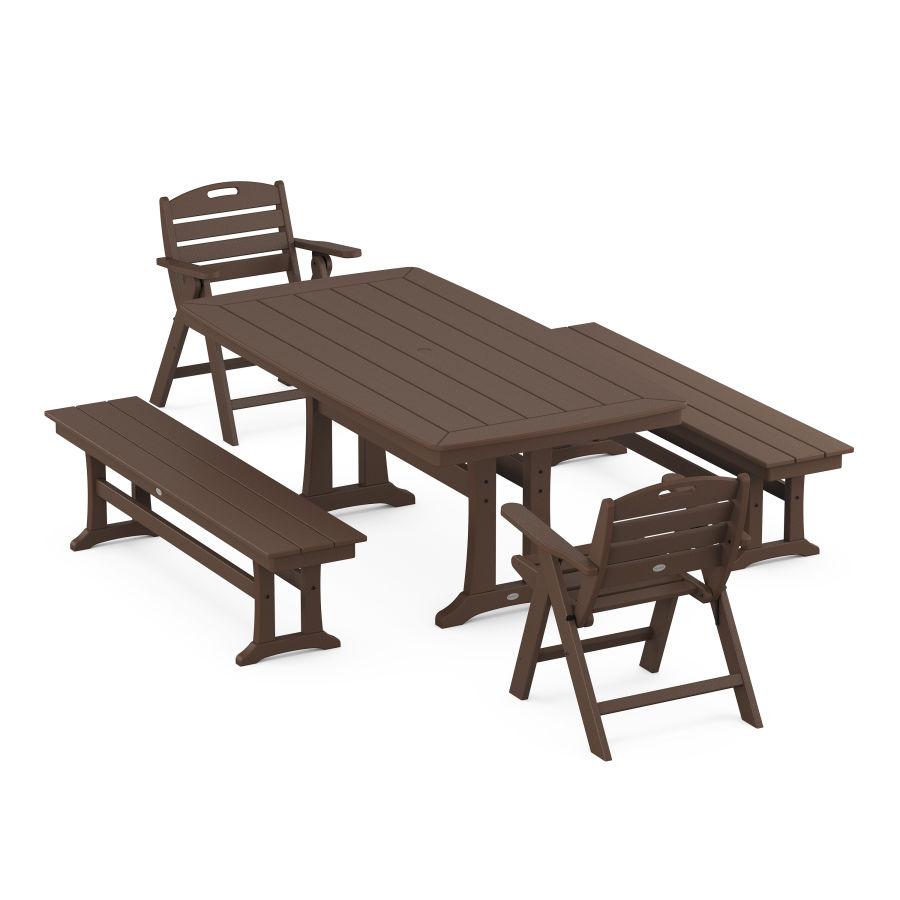 POLYWOOD Nautical Folding Lowback Chair 5-Piece Dining Set with Trestle Legs and Benches in Mahogany