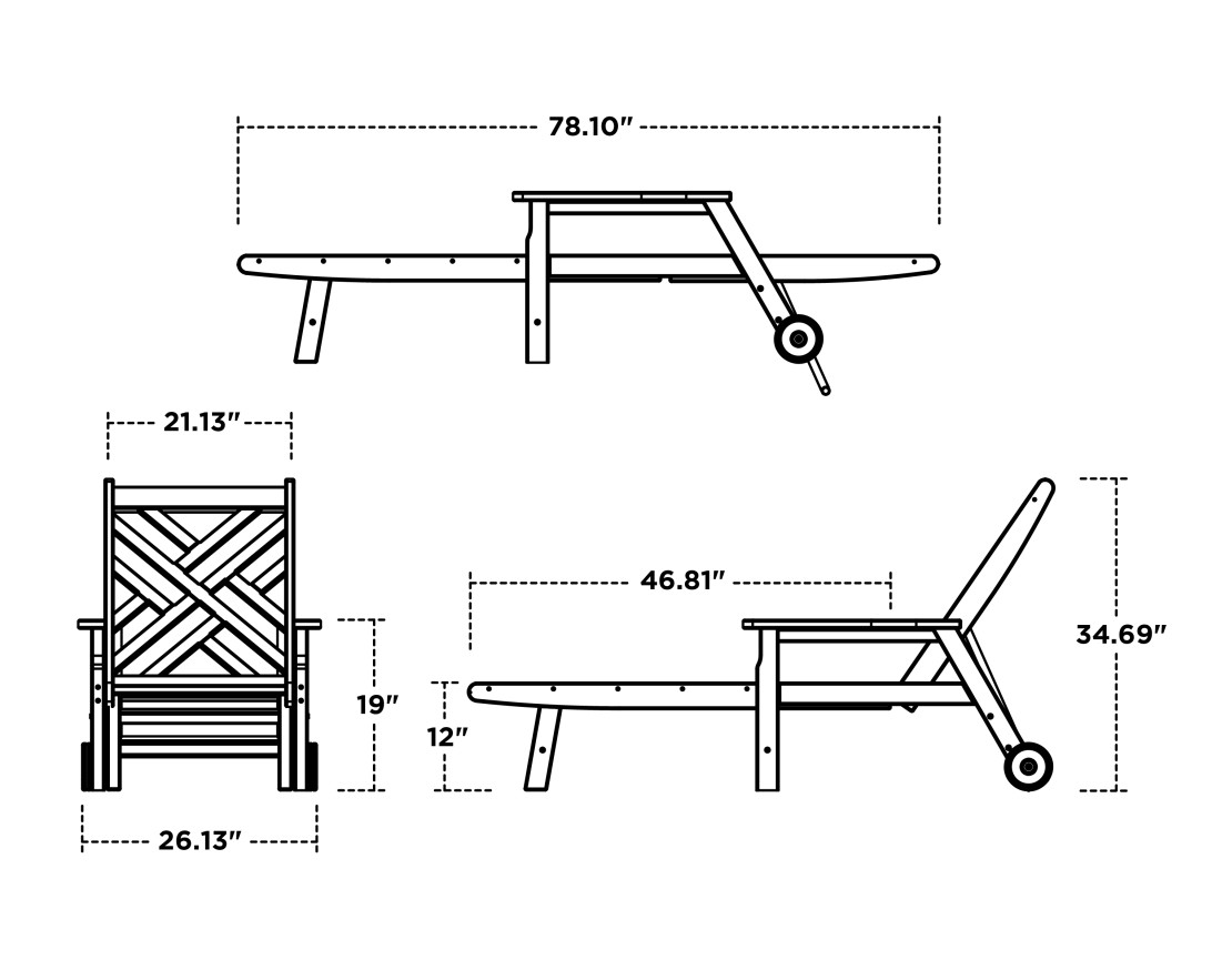 Dimensions for Chippendale Chaise with Arms and Wheels
