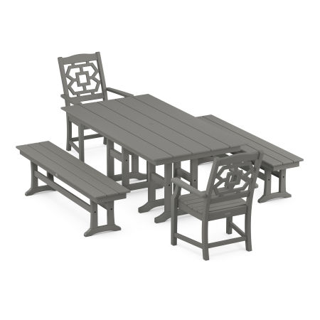 Chinoiserie 5-Piece Farmhouse Dining Set with Benches