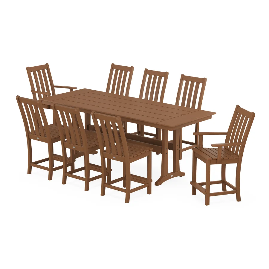 POLYWOOD Vineyard 9-Piece Farmhouse Counter Set with Trestle Legs in Teak