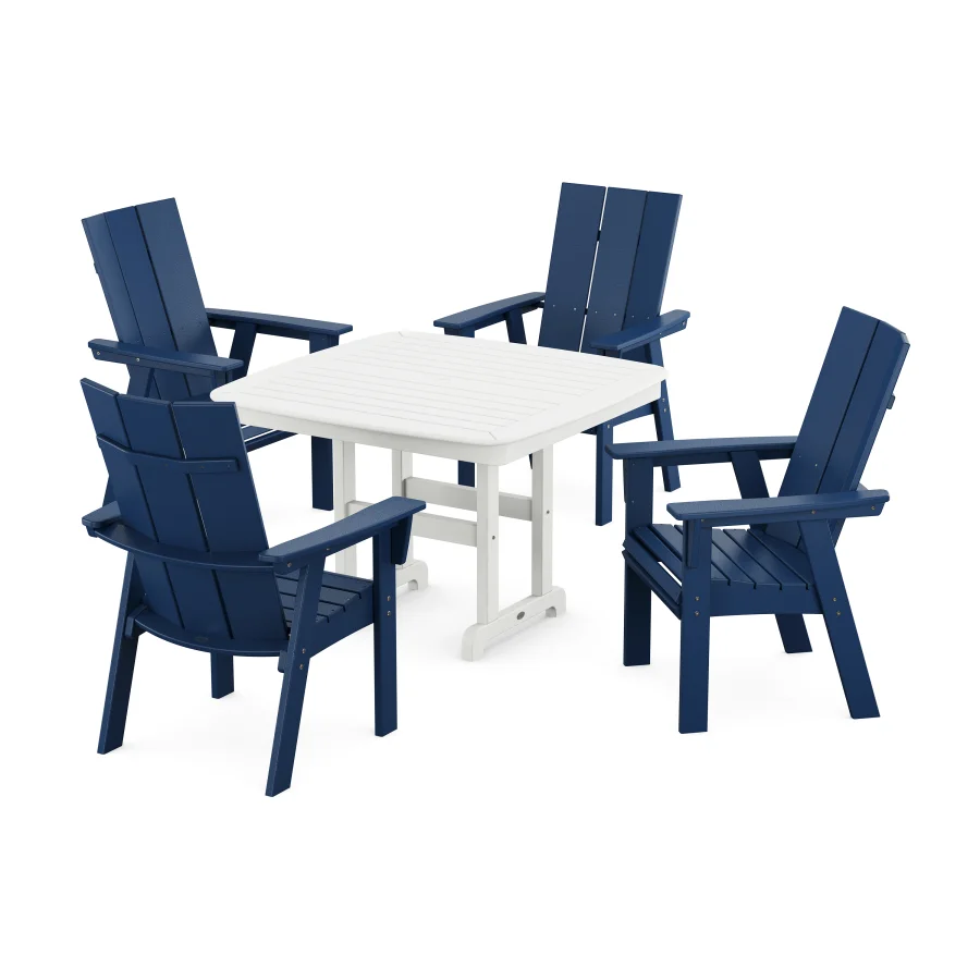 POLYWOOD Modern Curveback Adirondack 5-Piece Dining Set in Navy / White