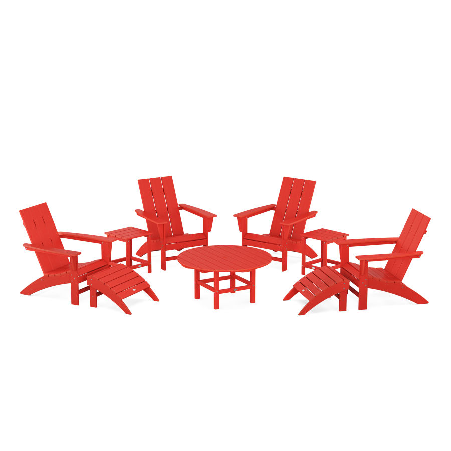 POLYWOOD Modern Adirondack Chair 9-Piece Conversation Set in Sunset Red