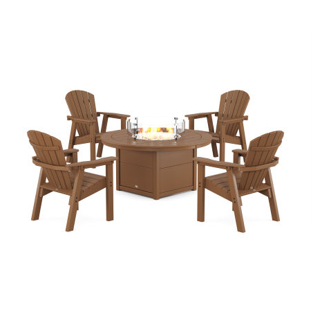 Seashell 4-Piece Upright Adirondack Conversation Set with Fire Pit Table in Teak