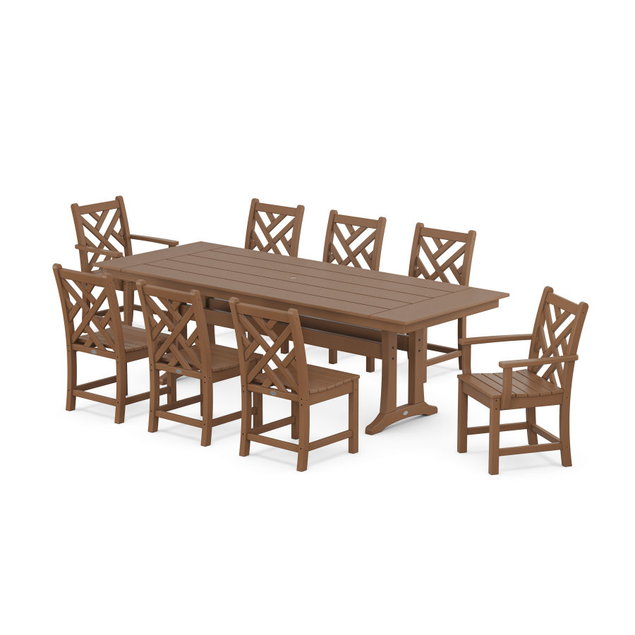 POLYWOOD Chippendale 9-Piece Farmhouse Dining Set with Trestle Legs in Teak
