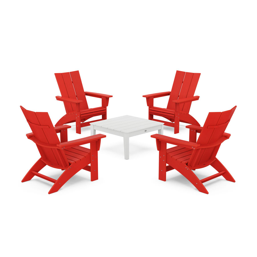 POLYWOOD 5-Piece Modern Grand Adirondack Chair Conversation Group in Sunset Red / White