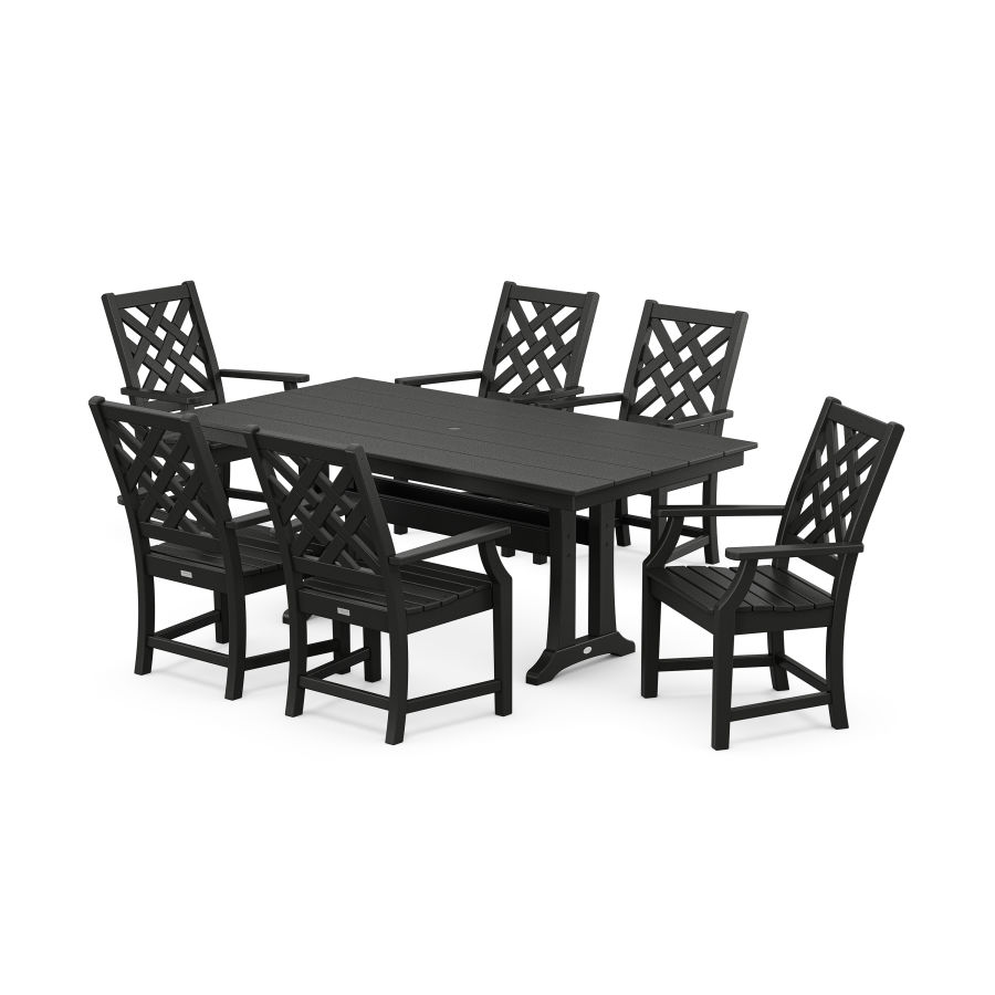 POLYWOOD Wovendale Arm Chair 7-Piece Farmhouse Dining Set with Trestle Legs in Black