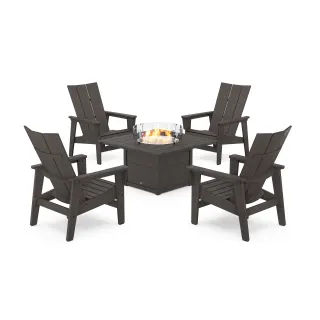 POLYWOOD 5-Piece Modern Grand Upright Adirondack Conversation Set with Fire Pit Table in Vintage Finish