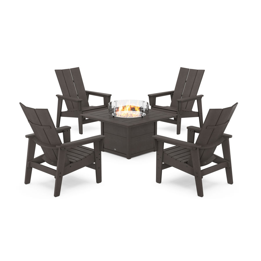 POLYWOOD 5-Piece Modern Grand Upright Adirondack Conversation Set with Fire Pit Table in Vintage Coffee