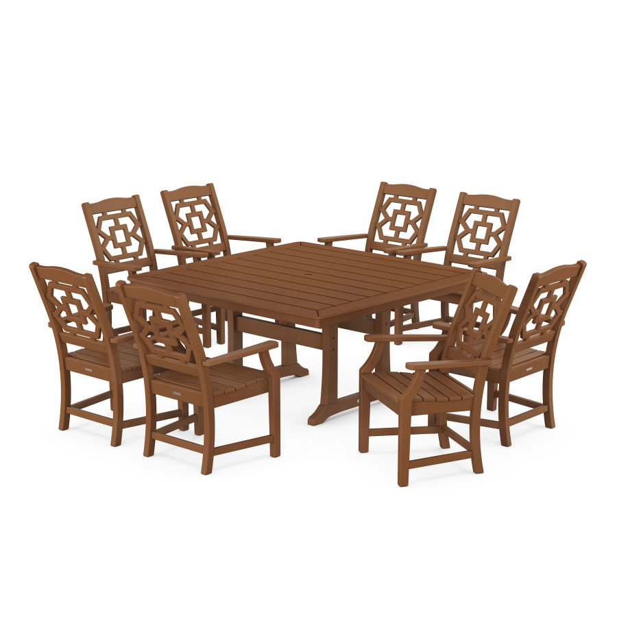 POLYWOOD Chinoiserie 9-Piece Square Dining Set with Trestle Legs in Teak
