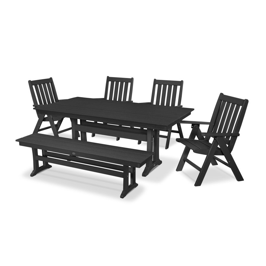 POLYWOOD Vineyard 6-Piece Farmhouse Folding Dining Set with Bench in Black