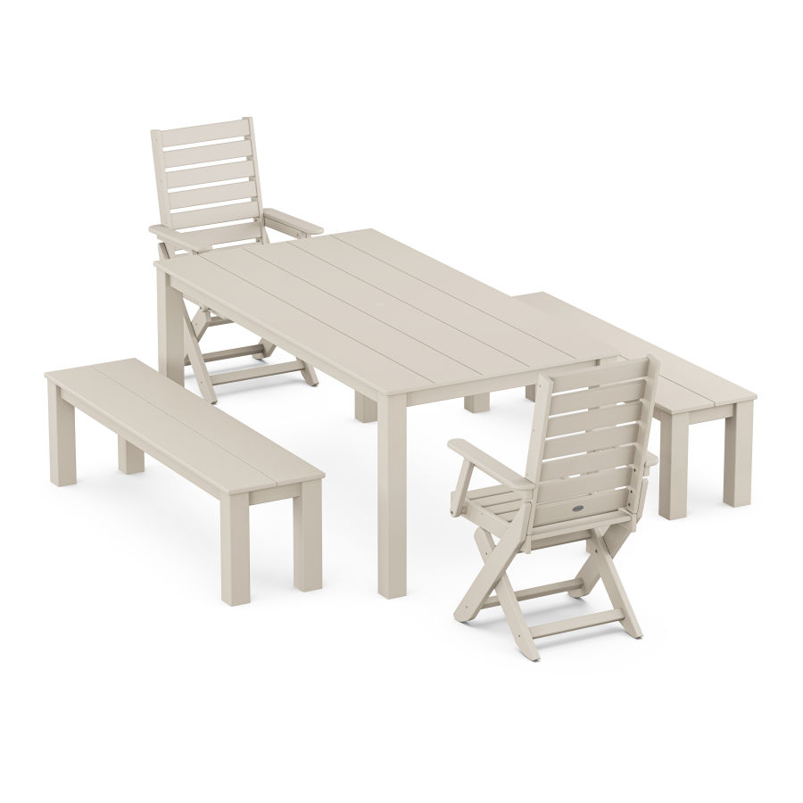 POLYWOOD Captain Folding Chair 5-Piece Parsons Dining Set with Benches in Sand