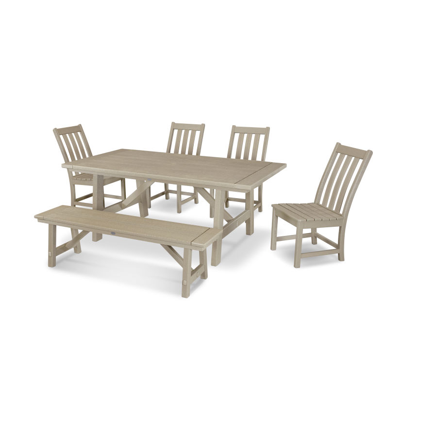 POLYWOOD Vineyard 6-Piece Rustic Farmhouse Side Chair Dining Set with Bench in Vintage Sahara