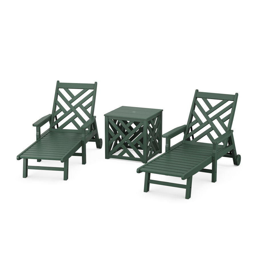 POLYWOOD Chippendale 3-Piece Chaise Set with Umbrella Stand Accent Table in Green