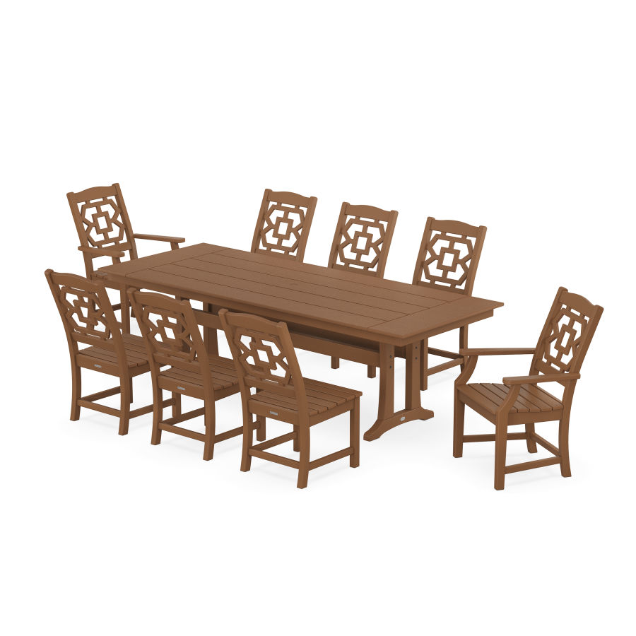 POLYWOOD Chinoiserie 9-Piece Farmhouse Dining Set with Trestle Legs in Teak