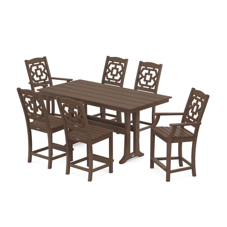 POLYWOOD Chinoiserie 7-Piece Farmhouse Counter Set with Trestle Legs in Mahogany