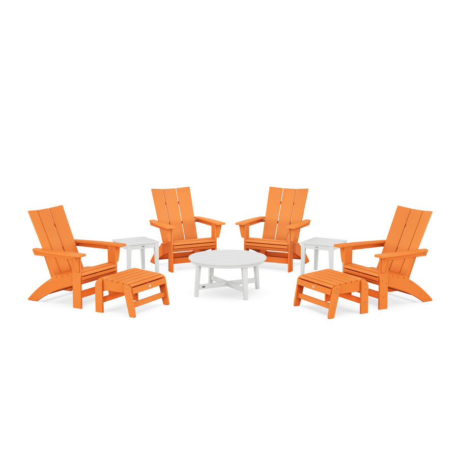 POLYWOOD Modern Grand Adirondack 9-Piece Conversation Set in Tangerine / White
