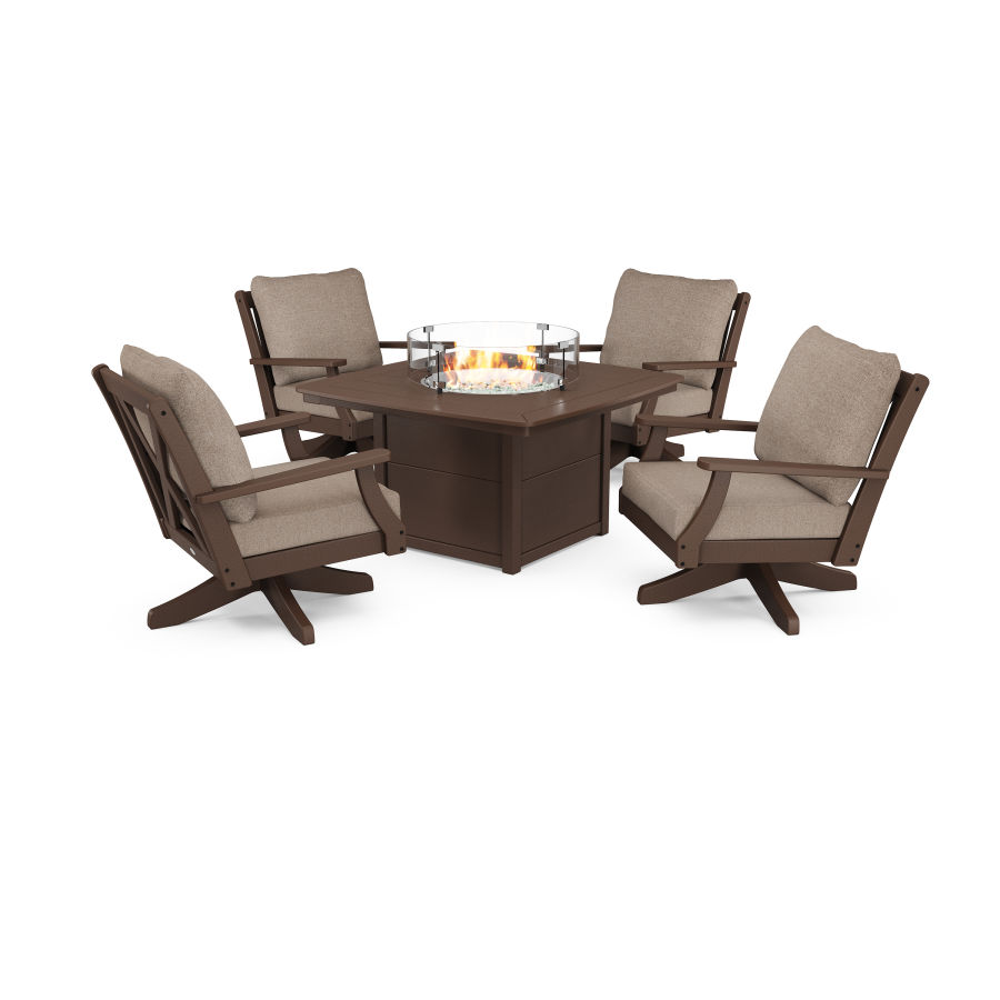 POLYWOOD Braxton 5-Piece Deep Seating Swivel Conversation Set with Fire Pit Table in Mahogany / Spiced Burlap