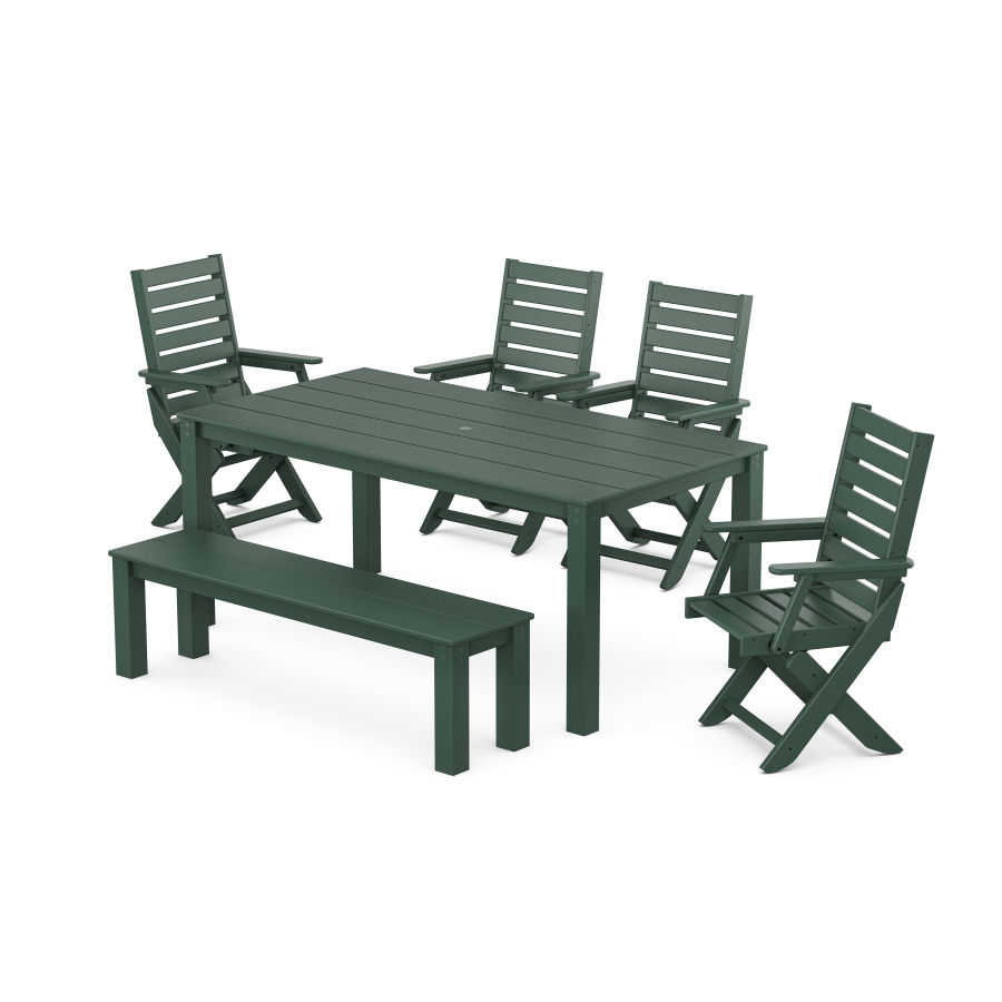 POLYWOOD Captain Folding Chair 6-Piece Parsons Dining Set with Bench in Green