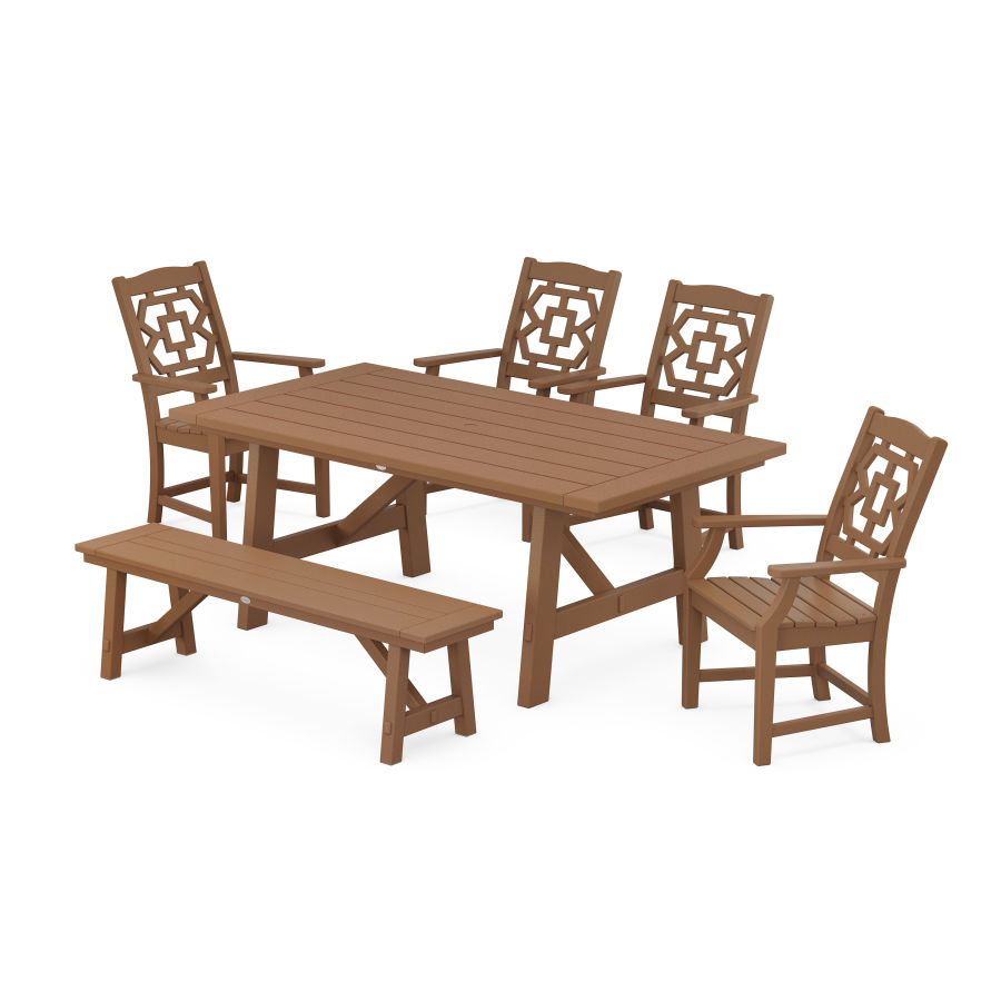 POLYWOOD Chinoiserie 6-Piece Rustic Farmhouse Dining Set with Bench in Teak