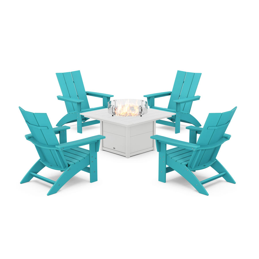 POLYWOOD 5-Piece Modern Grand Adirondack Conversation Set with Fire Pit Table in Aruba / White