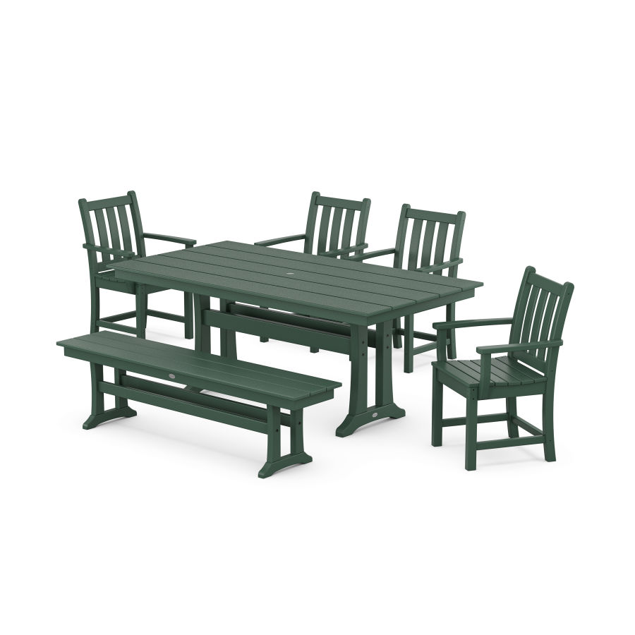 POLYWOOD Traditional Garden 6-Piece Farmhouse Trestle Dining Set with Bench in Green