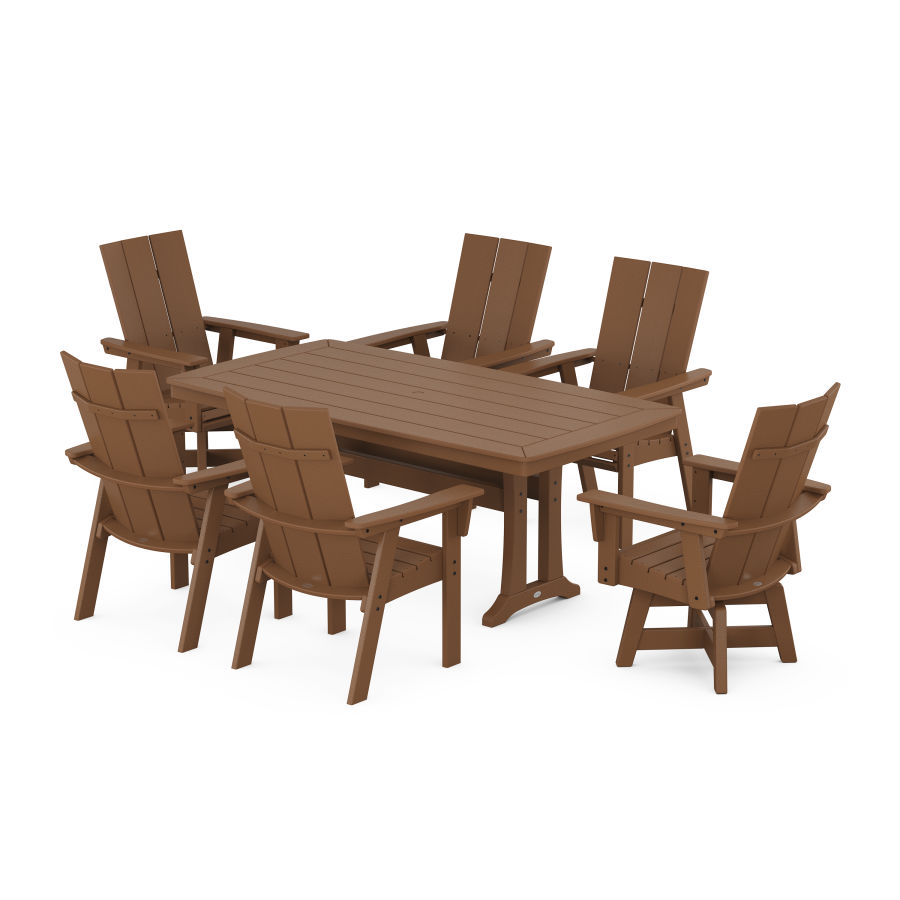 POLYWOOD Modern Adirondack Swivel Chair 7-Piece Dining Set with Trestle Legs in Teak