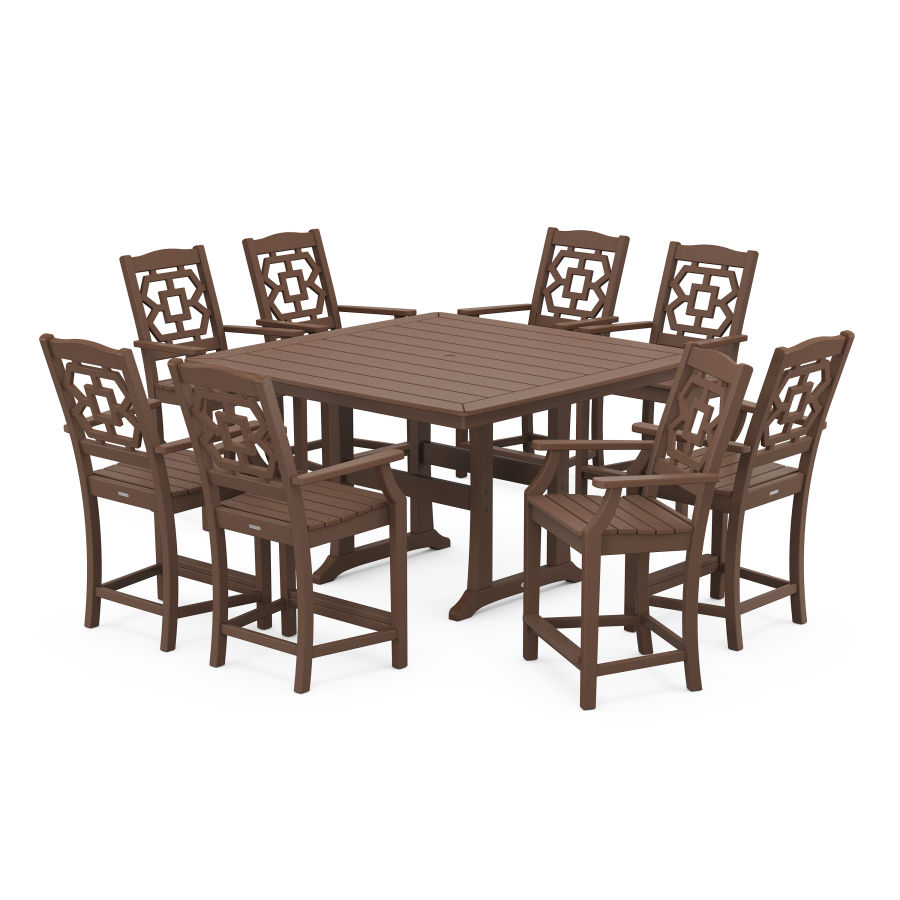 POLYWOOD Chinoiserie 9-Piece Square Counter Set with Trestle Legs in Mahogany