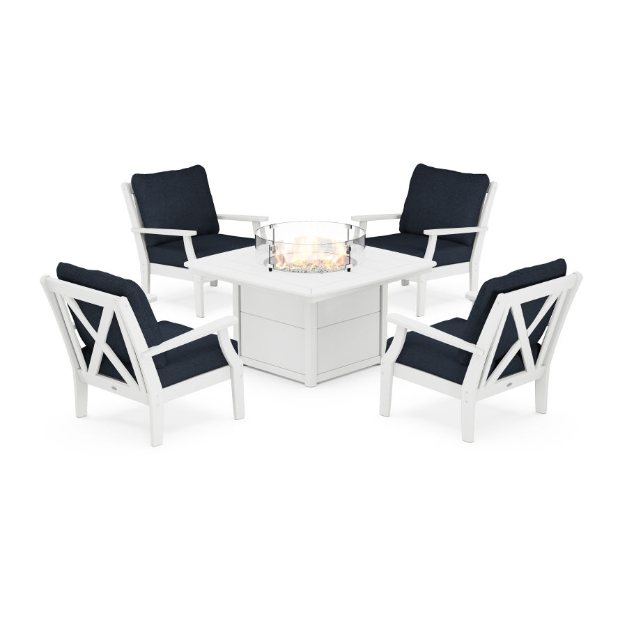 POLYWOOD Braxton 5-Piece Deep Seating Conversation Set with Fire Pit Table in White / Marine Indigo