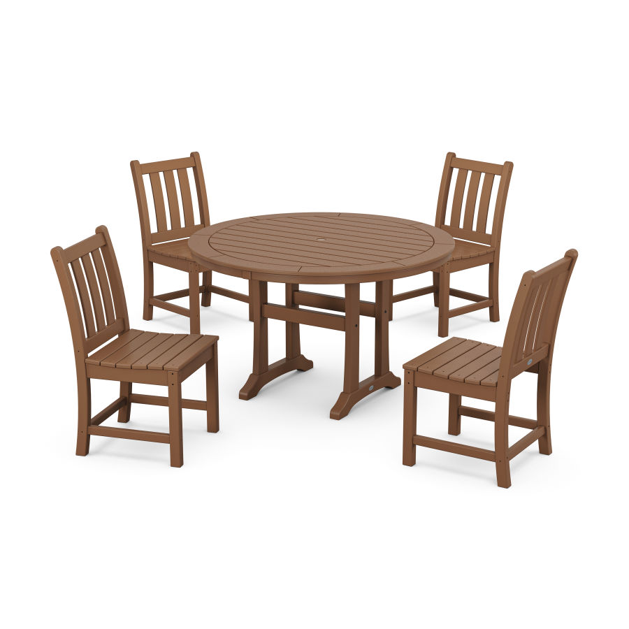 POLYWOOD Traditional Garden Side Chair 5-Piece Round Dining Set With Trestle Legs in Teak