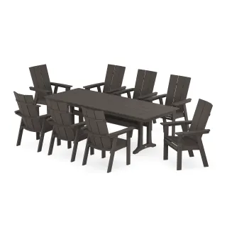 POLYWOOD Modern Curveback Adirondack 9-Piece Farmhouse Dining Set with Trestle Legs in Vintage Finish