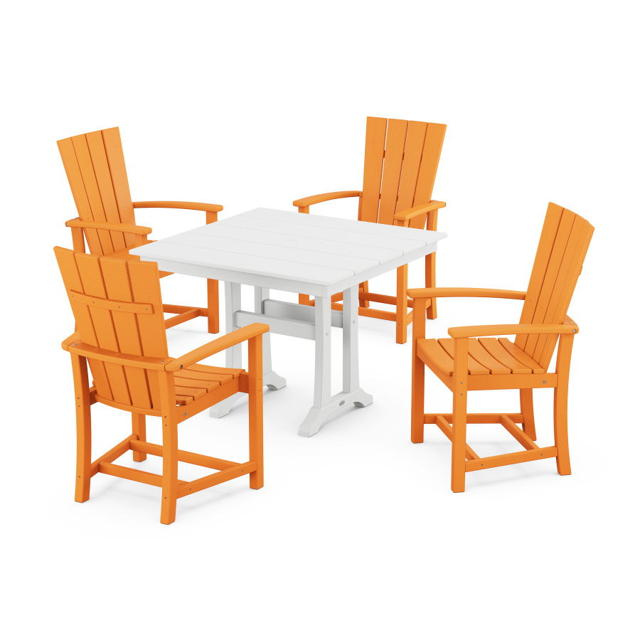 POLYWOOD Quattro 5-Piece Farmhouse Dining Set With Trestle Legs in Tangerine / White
