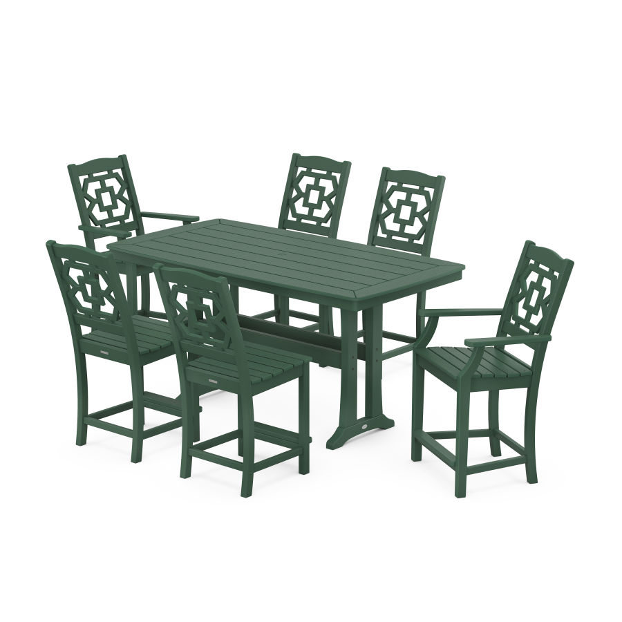 POLYWOOD Chinoiserie 7-Piece Counter Set with Trestle Legs in Green