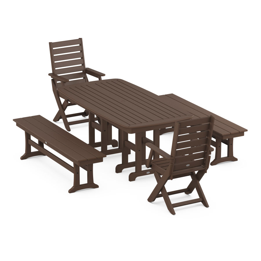 POLYWOOD Captain Folding Chair 5-Piece Dining Set with Benches in Mahogany