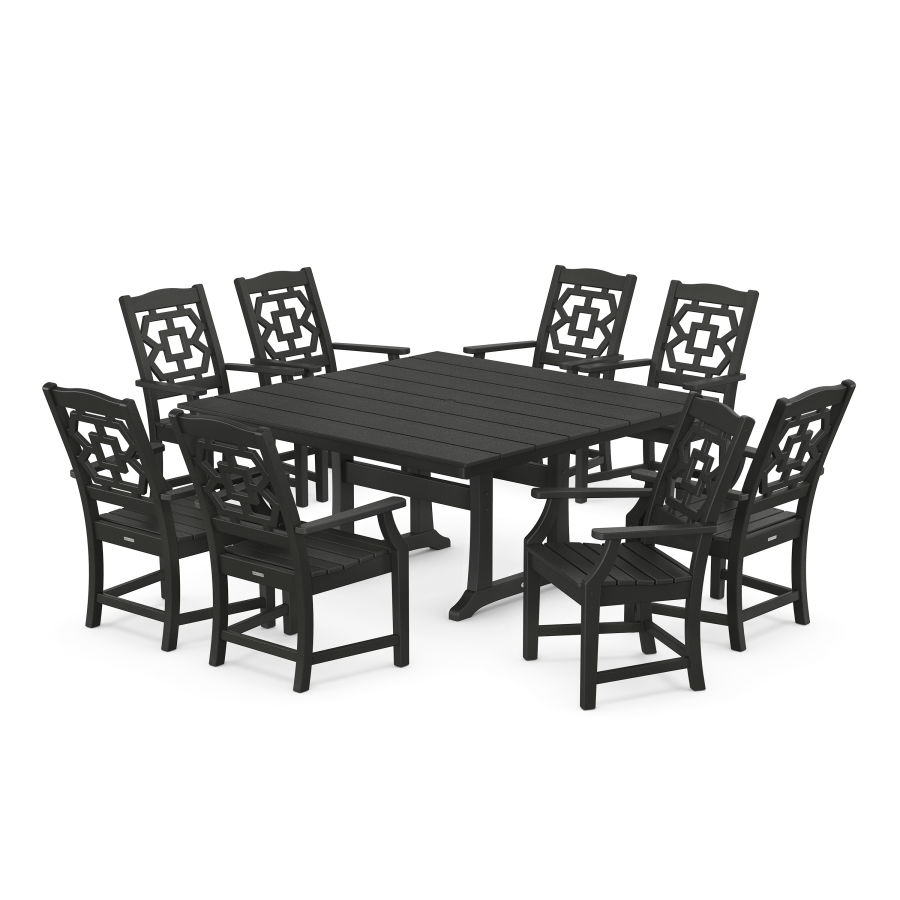 POLYWOOD Chinoiserie 9-Piece Square Farmhouse Dining Set with Trestle Legs in Black