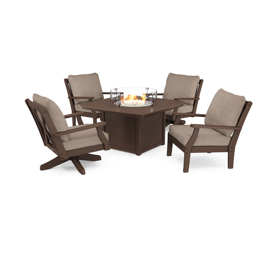POLYWOOD Braxton 5-Piece Deep Seating Set with Fire Table in Mahogany / Spiced Burlap