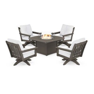Vineyard 5-Piece Deep Seating Swivel Conversation Set with Fire Pit Table in Vintage Finish