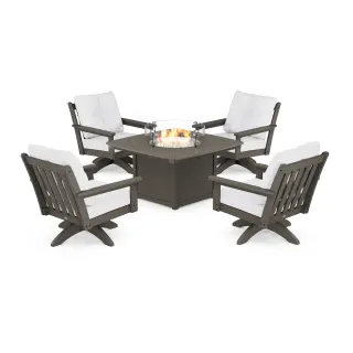 POLYWOOD Vineyard 5-Piece Deep Seating Swivel Conversation Set with Fire Pit Table in Vintage Finish