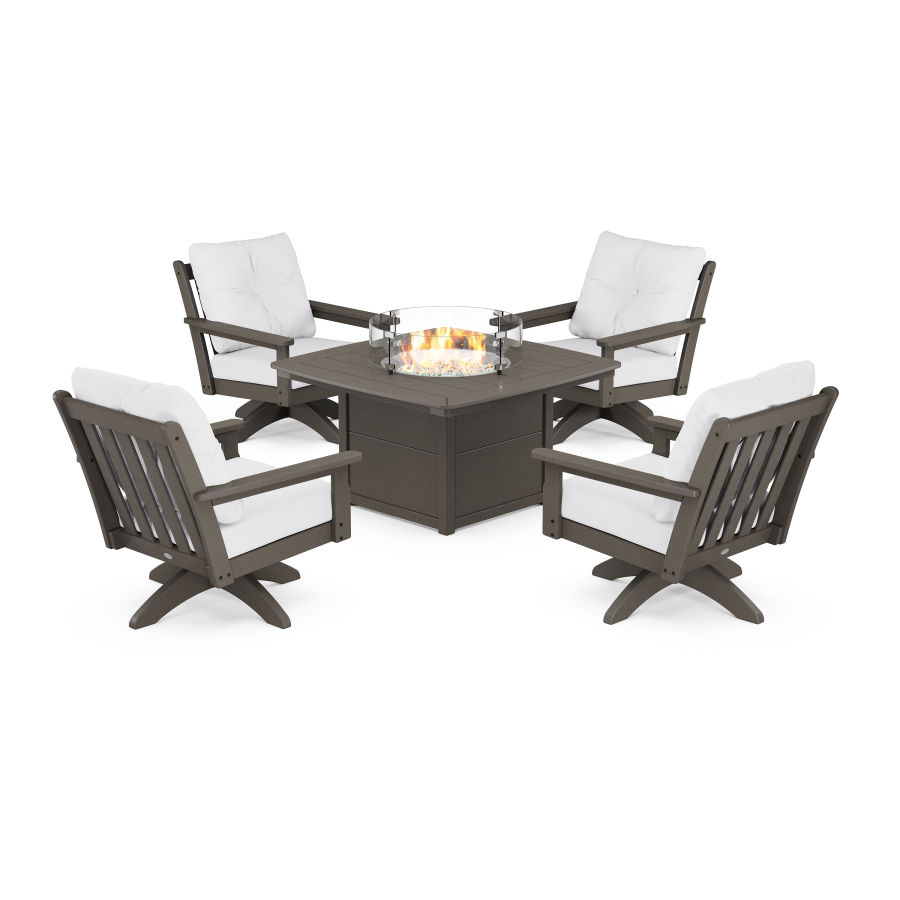 POLYWOOD Vineyard 5-Piece Deep Seating Swivel Conversation Set with Fire Pit Table in Vintage Finish