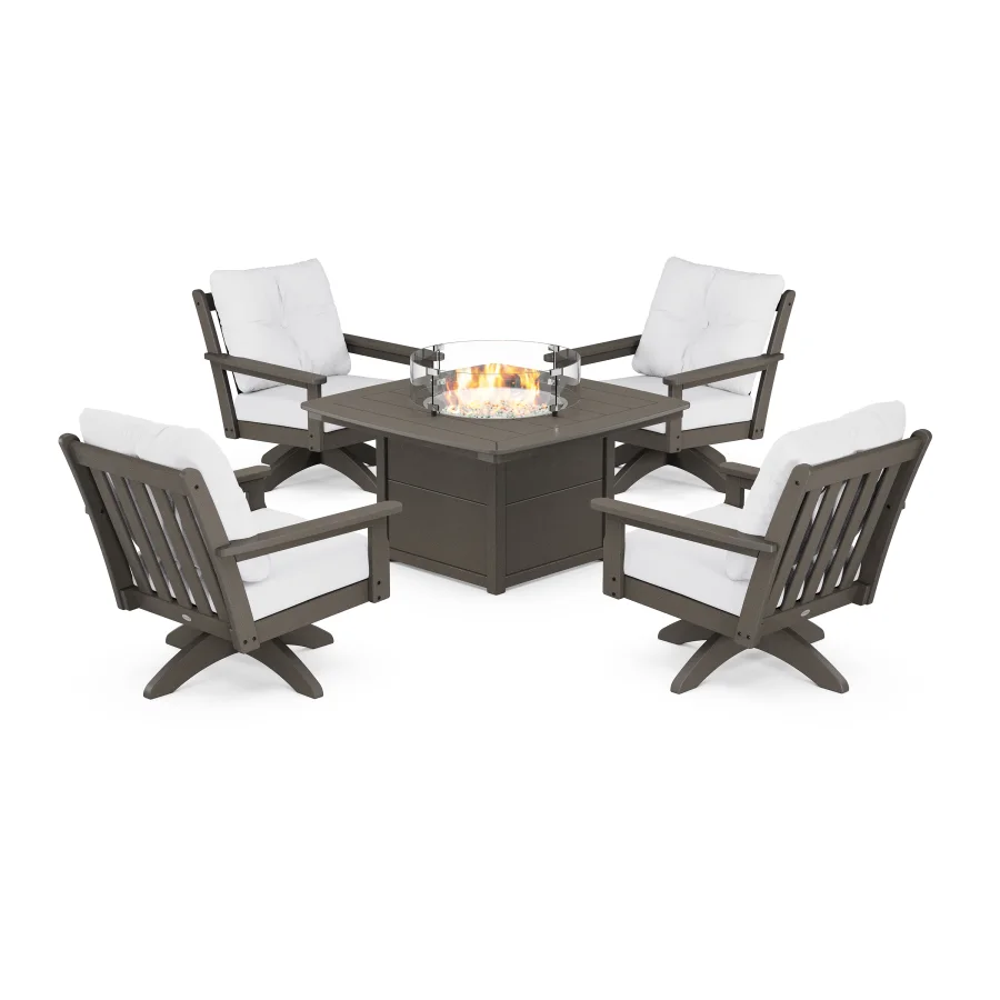 POLYWOOD Vineyard 5-Piece Deep Seating Swivel Conversation Set with Fire Pit Table in Vintage Finish