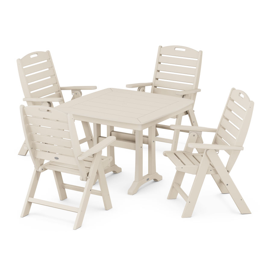 POLYWOOD Nautical Folding Highback Chair 5-Piece Dining Set with Trestle Legs in Sand