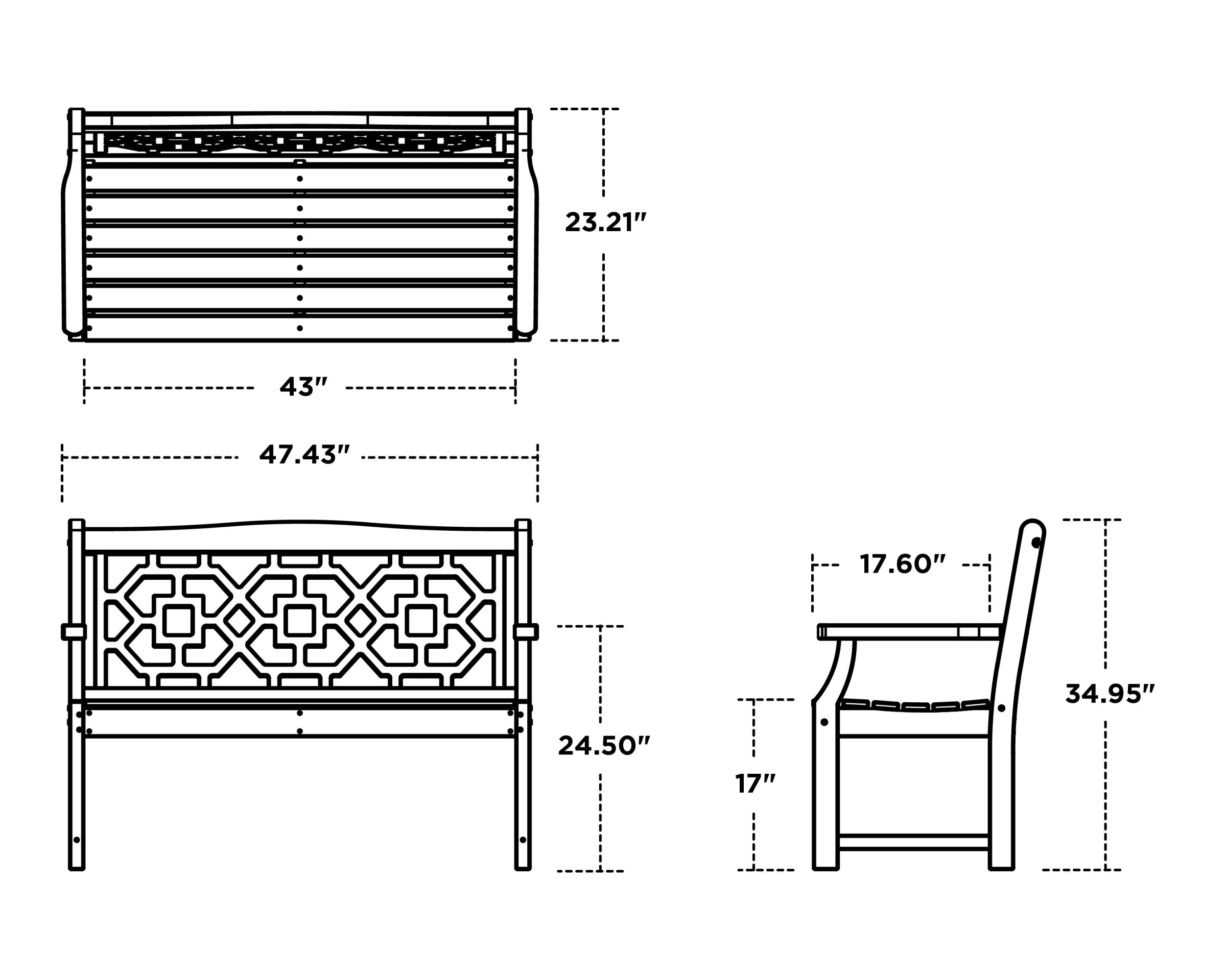 Dimensions for Chinoiserie 48" Garden Bench