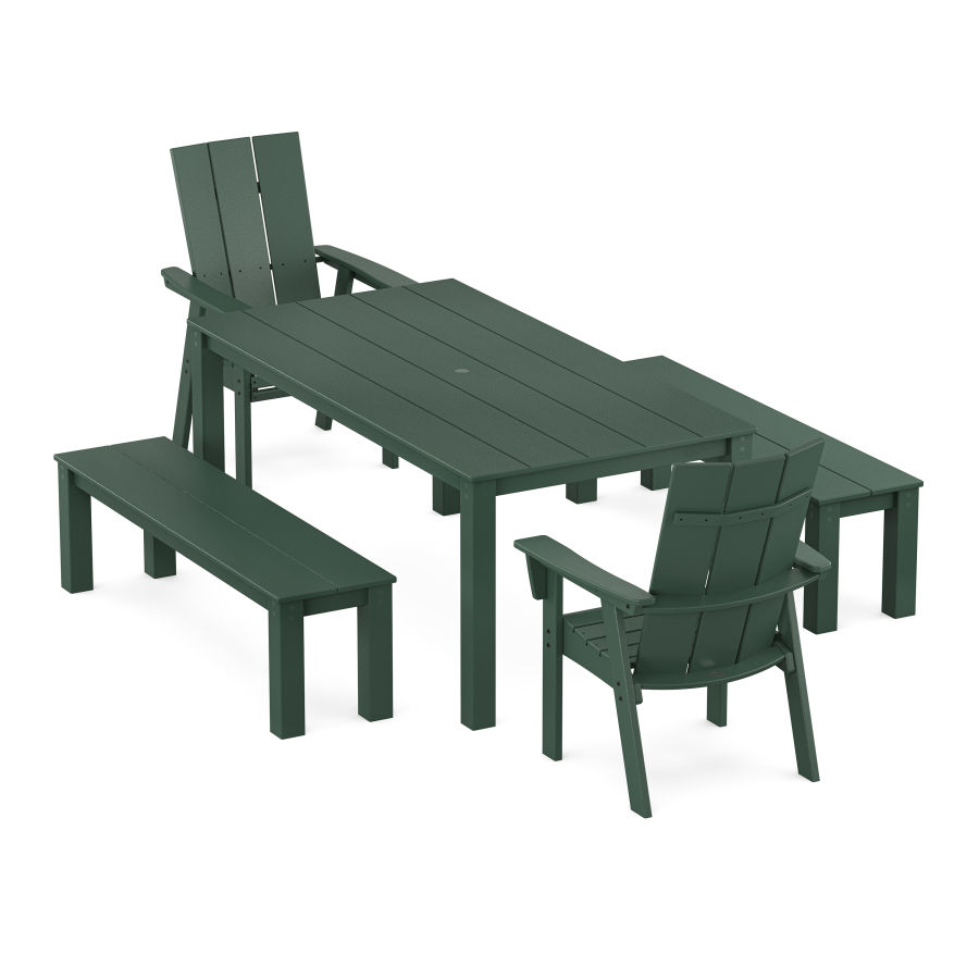 POLYWOOD Modern Curveback Adirondack 5-Piece Parsons Dining Set with Benches in Green