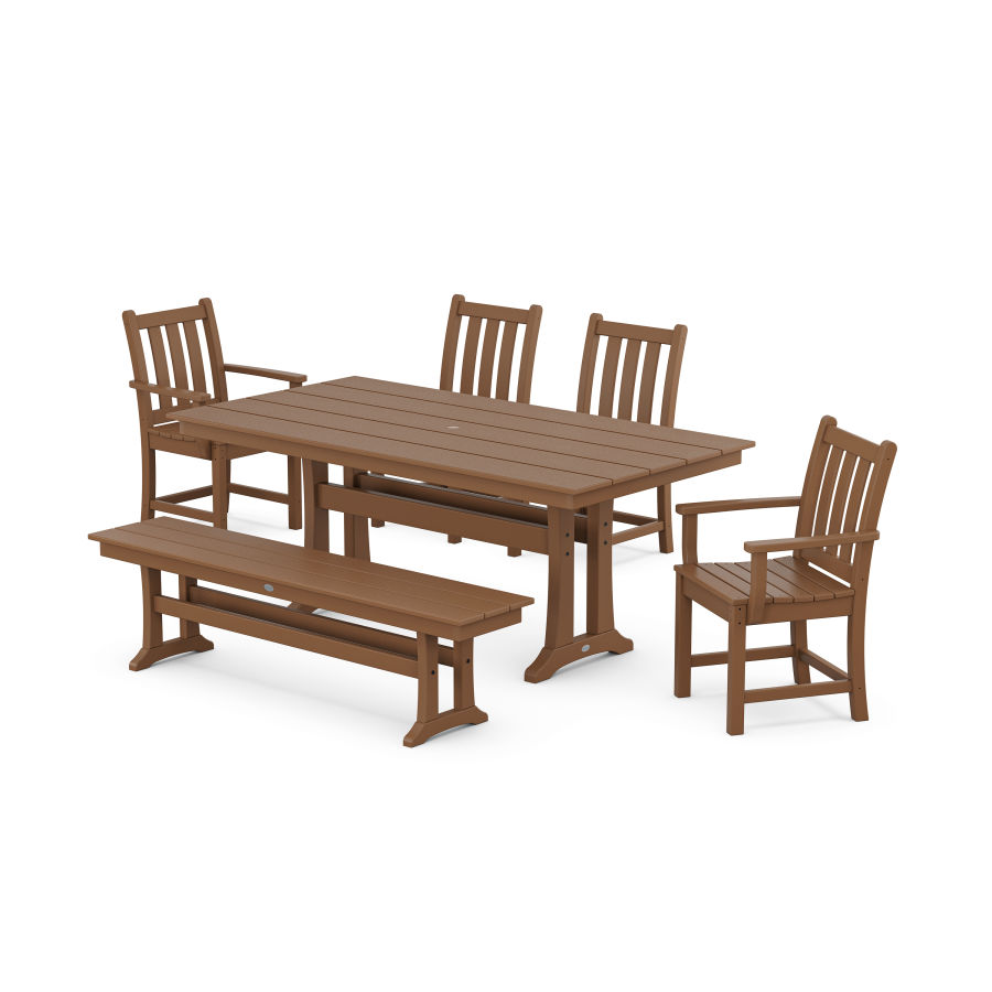 POLYWOOD Traditional Garden 6-Piece Farmhouse Dining Set With Trestle Legs in Teak