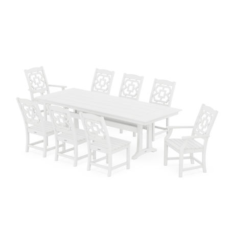 Chinoiserie 9-Piece Farmhouse Dining Set with Trestle Legs in White