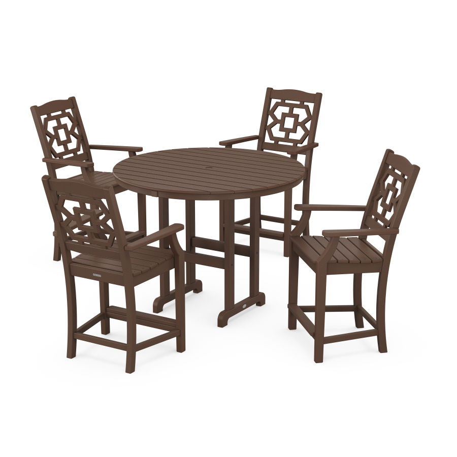 POLYWOOD Chinoiserie 5-Piece Round Farmhouse Counter Set in Mahogany