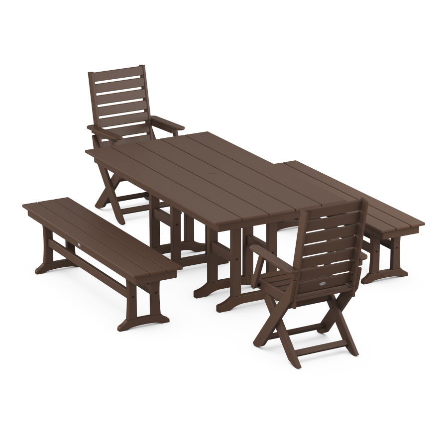 POLYWOOD Captain Folding Chair 5-Piece Farmhouse Dining Set with Benches in Mahogany