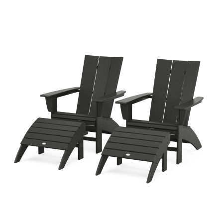 Modern Curveback Adirondack Chair 4-Piece Set with Ottomans in Black