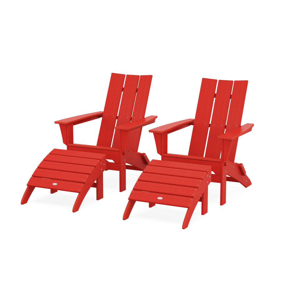 POLYWOOD Modern Folding Adirondack Chair 4-Piece Set with Ottomans in Sunset Red